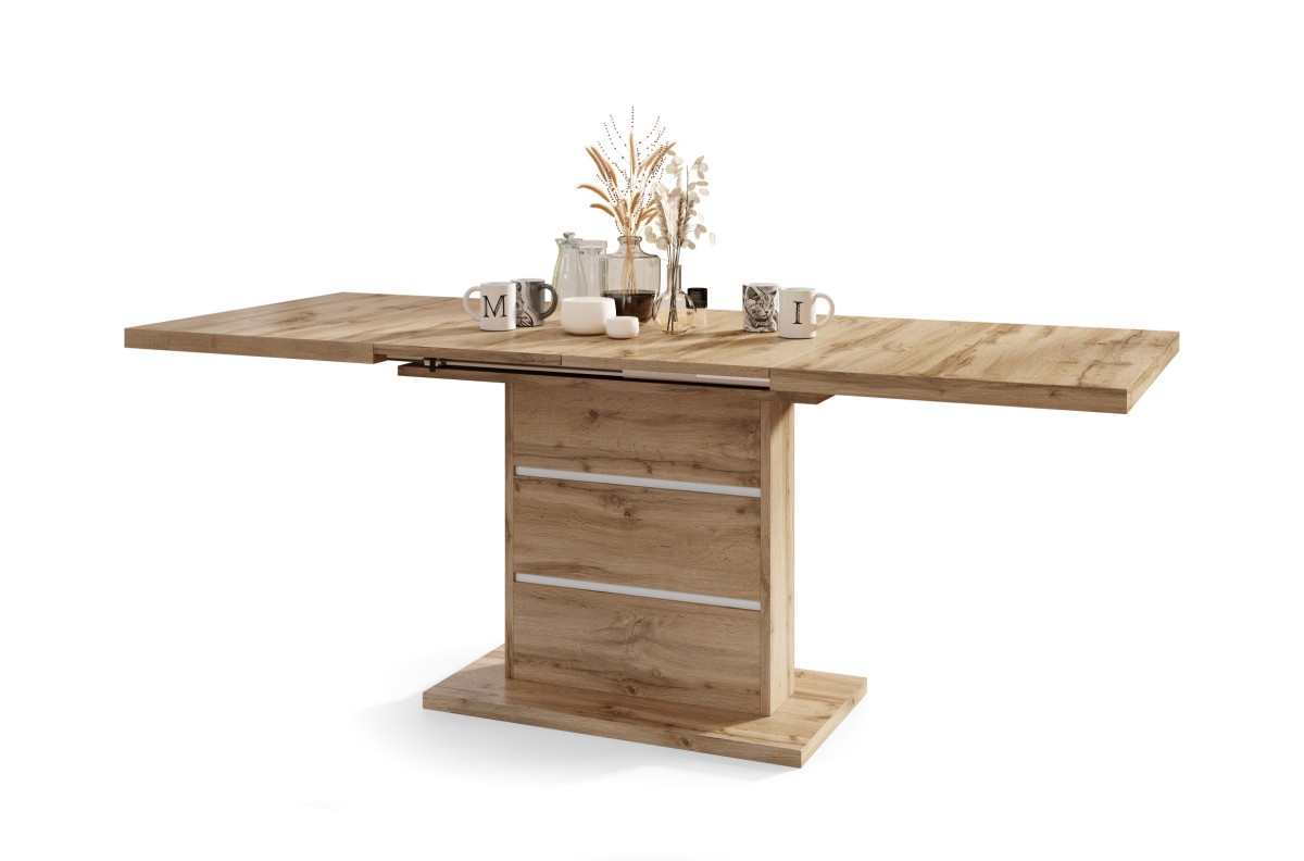 PIANO Wotan ąžuolo/balti įdėklai - MODERNUS STALAS, IKI 200 cm ILGIO!