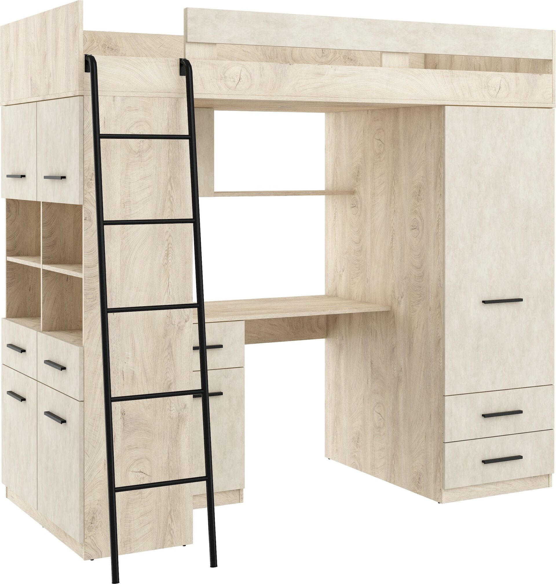 VELVE L antresolė su stalu, spinta, komoda, graviruoto ąžuolo, migdolo spalvos