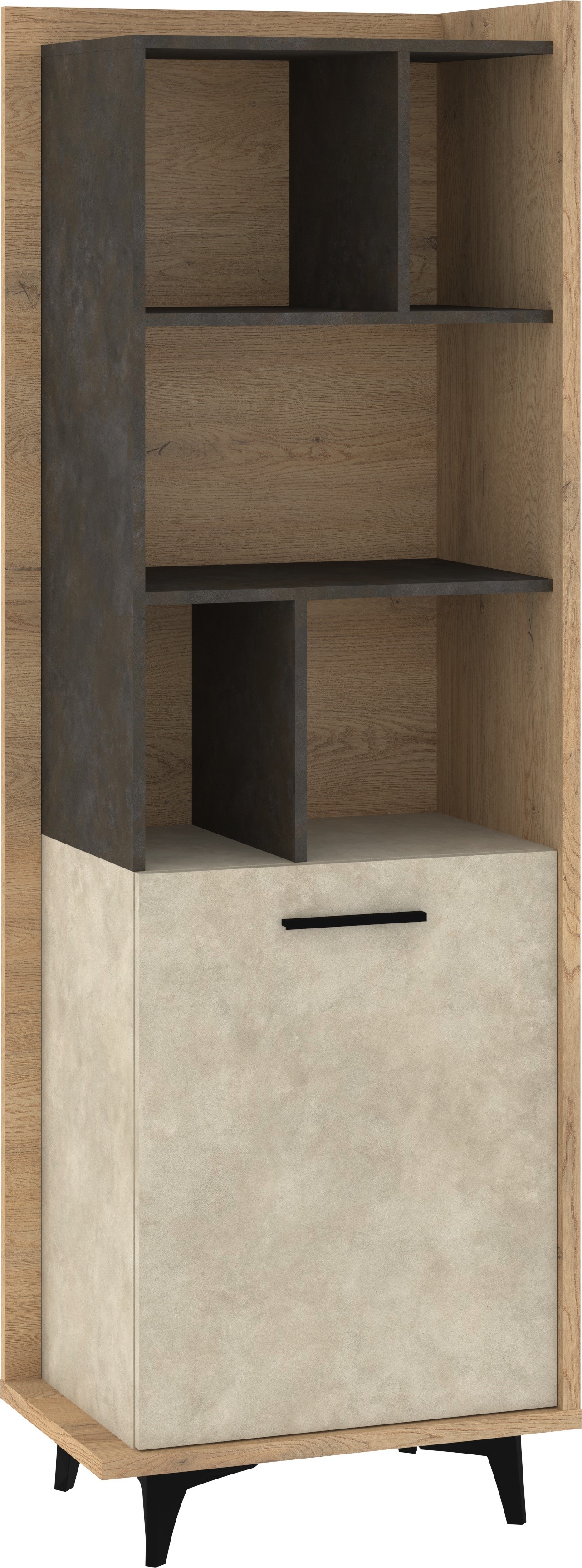 DOX 06 baldų knygų lentyna su lentynomis ir durelėmis, kremonos ąžuolas, granada, migdolų spalva