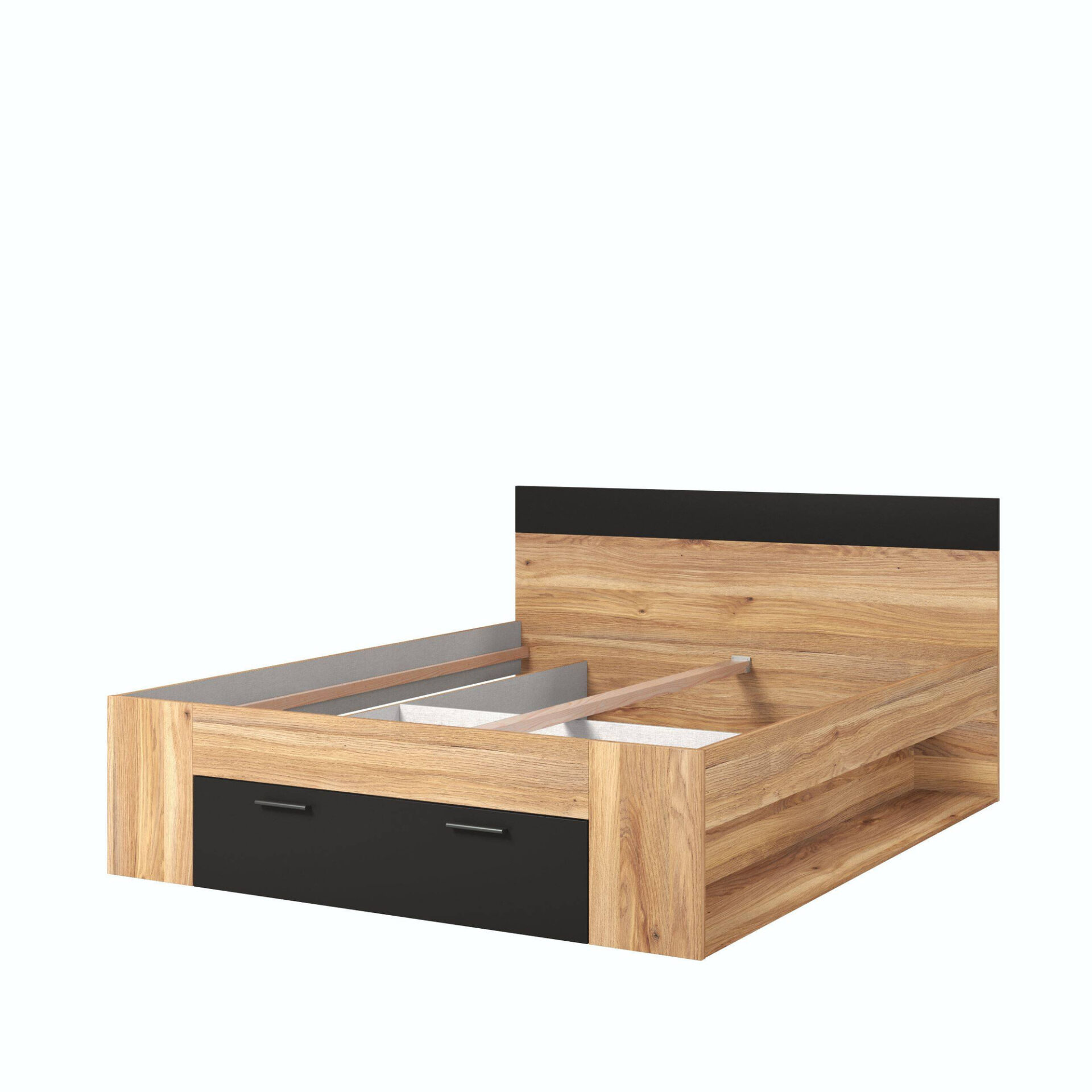 Beta – Lova 160/200 cm su stalčiais, „Mauvella“ ąžuolo spalvos, matinės juodos spalvos
