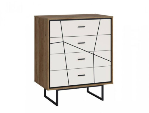 Brolo BROK07 – 4 stalčių komoda, Catania ąžuolas/juodas perlas/balta