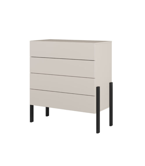 Jukon S – Komoda 4 stalčiais, kašmyro juodos metalinės kojelės