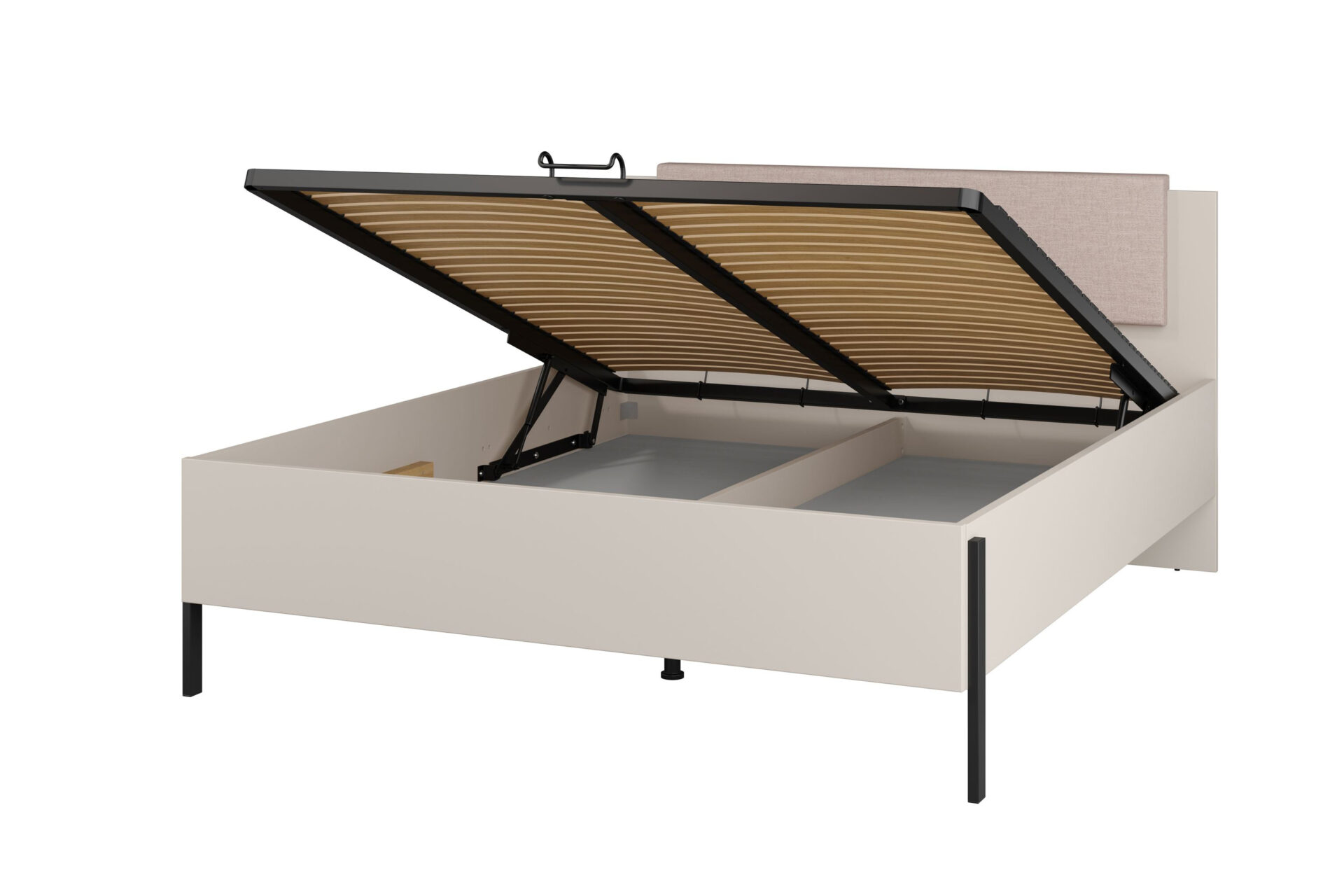 Jukon S - 160 cm lova su daiktadėže, kašmyro spalvos, juodos metalinės kojelės