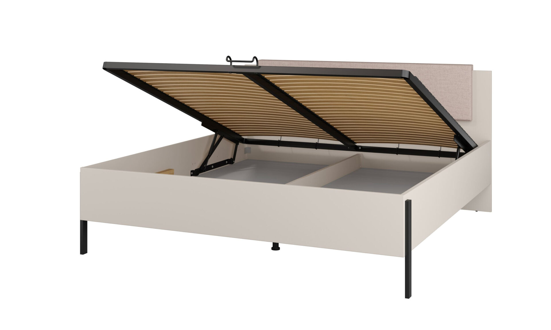 Jukon S - 180 cm lova su daiktadėže, kašmyro spalvos, juodos metalinės kojelės