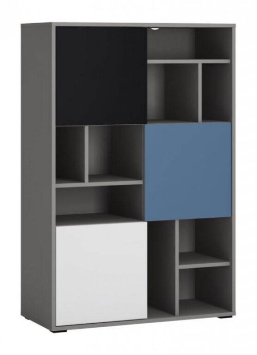 LASER LASR02B – 3 durų knygų lentyna pilka/juoda/balta/mėlyna