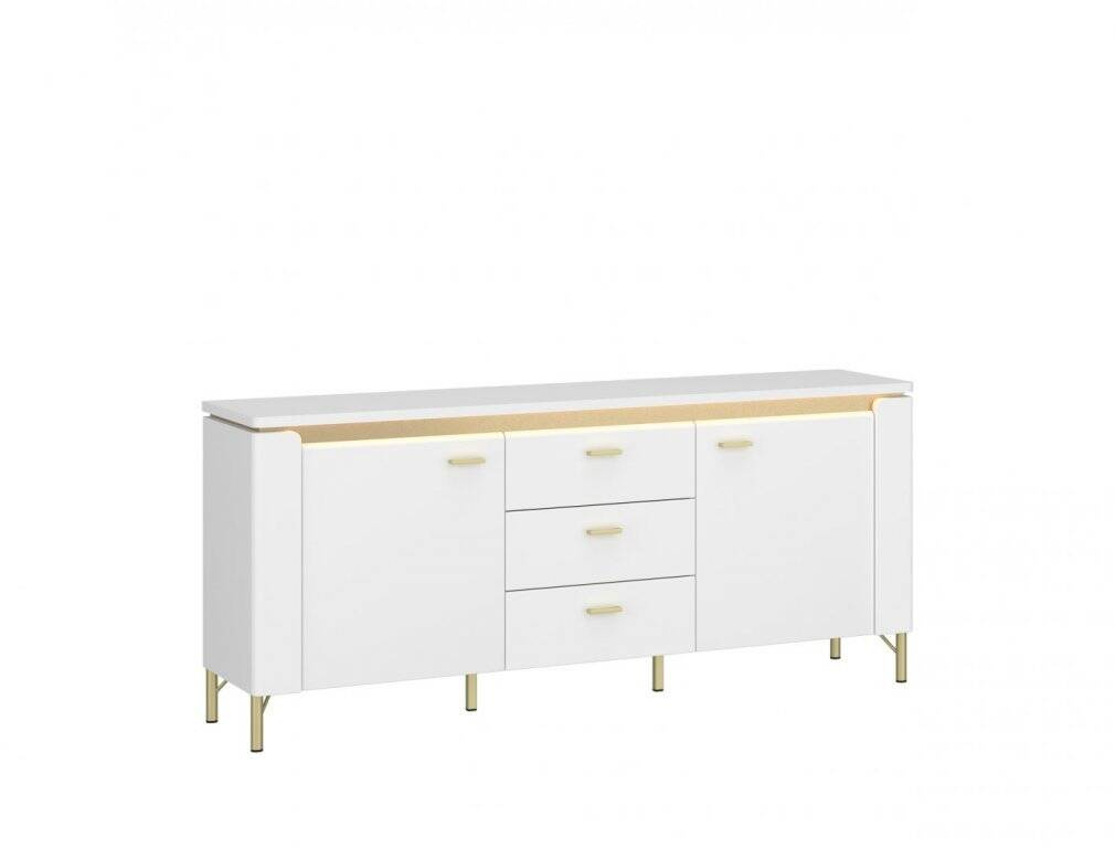 Lazio LAZF01 – 2D3S televizoriaus spintelė su LED apšvietimu, Alpių balta/blizgi balta/auksinė