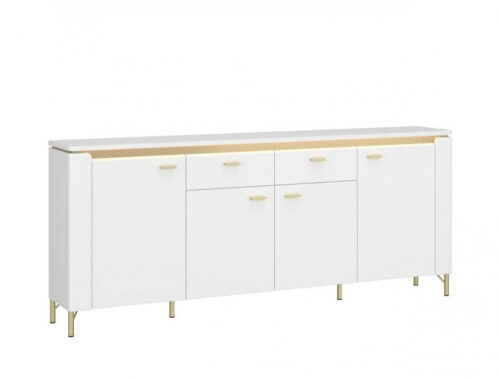 Lazio LAZK03 – 4D2S komoda su LED apšvietimu, Alpių balta/blizgi balta/auksinė