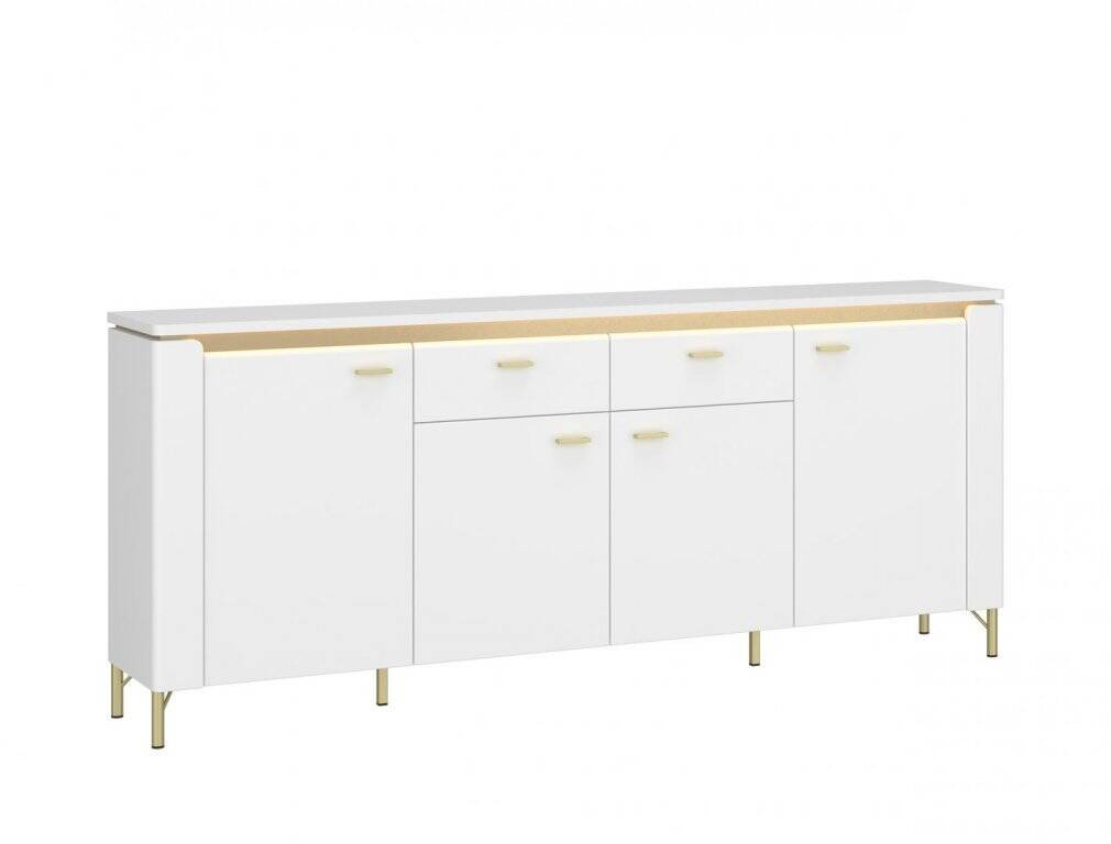Lazio LAZK03 – 4D2S komoda su LED apšvietimu, Alpių balta/blizgi balta/auksinė