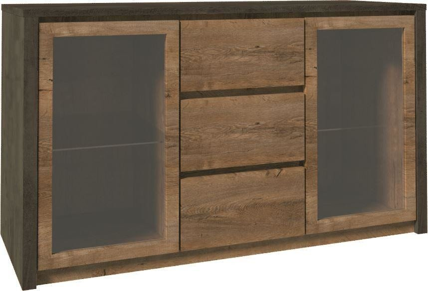 MONTANA GREY K2D - Komoda su 2 durimis, stiklinė, Lefkas ąžuolo spalvos/lygiai pilka