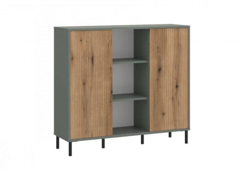 Pozzi POZK02 – dviejų durų komoda pilkai žalios / pakrantės ąžuolo spalvos