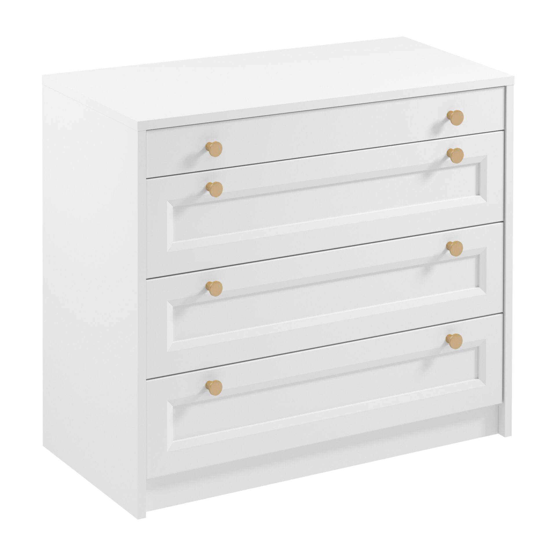 Rel K4S - Komoda su 4 stalčiais, balta, platininė, matinė