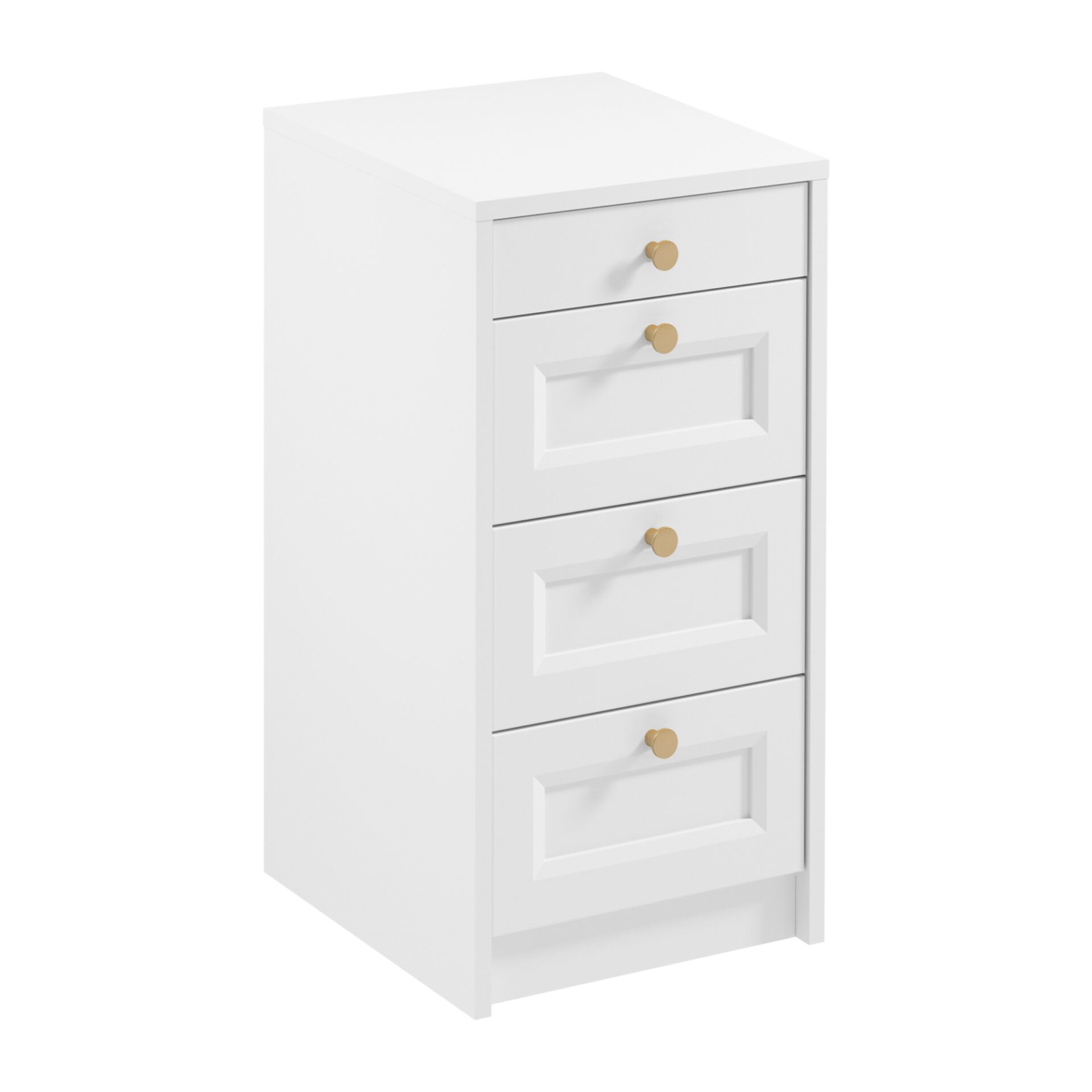 Rel K4SW - Siaura komoda su 4 stalčiais, balta platina, matinė