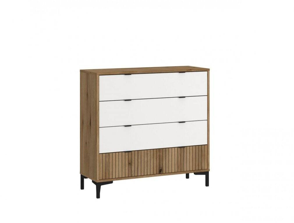 Ricko RIKK03 - 4 stalčių komoda, balta/ąžuolo spalvos, „Coast Evoke“