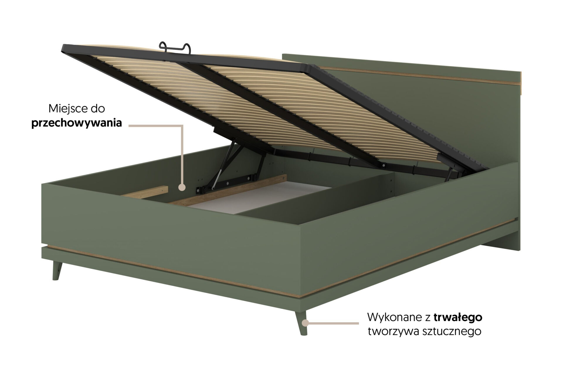 Scandi - Lova 160x200 cm su rėmu, dulkėtos žalios spalvos, alyvuoto ąžuolo spalvos - Paveikslėlis 2