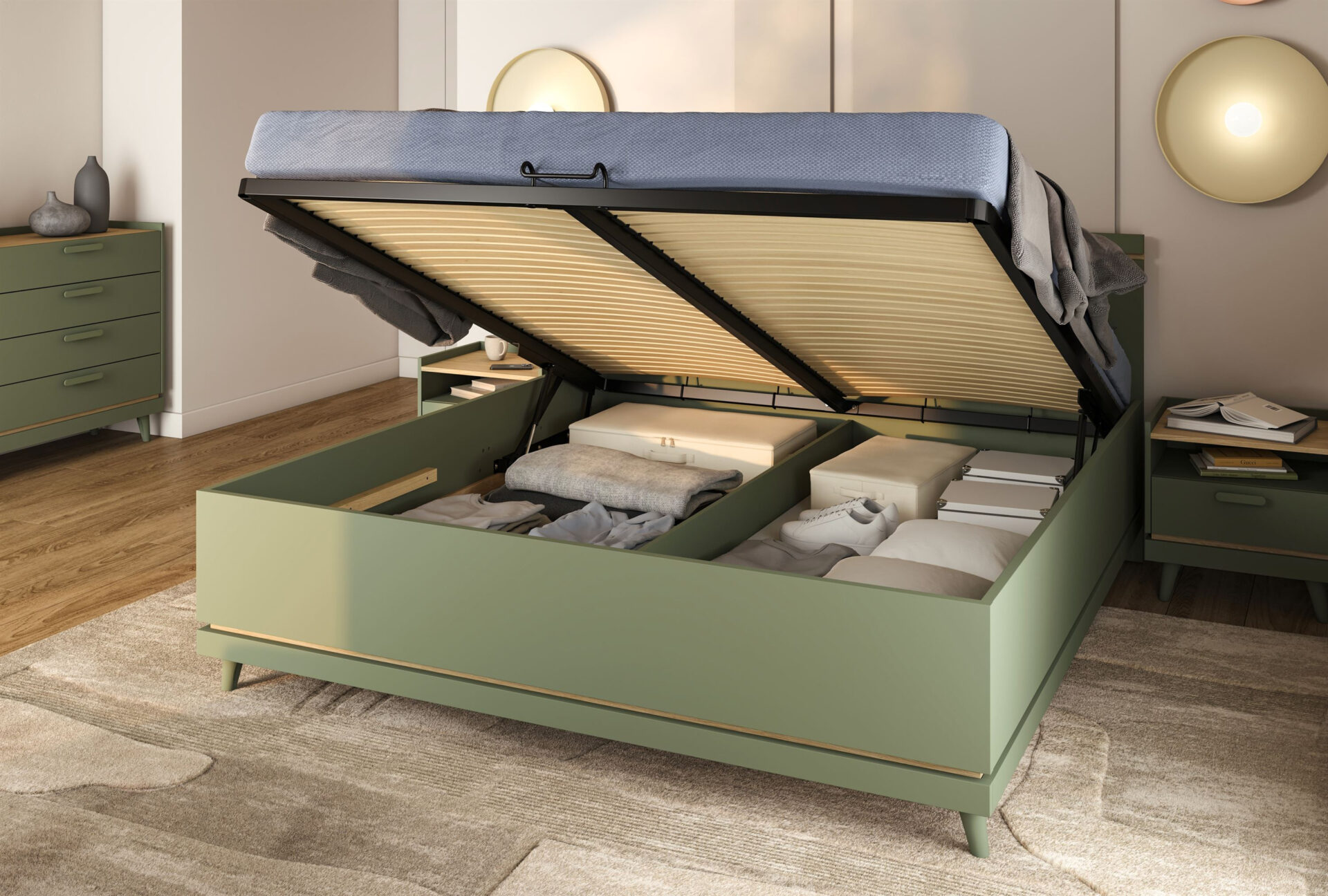 Scandi - Lova 160x200 cm su rėmu, dulkėtos žalios spalvos, alyvuoto ąžuolo spalvos - Paveikslėlis 4