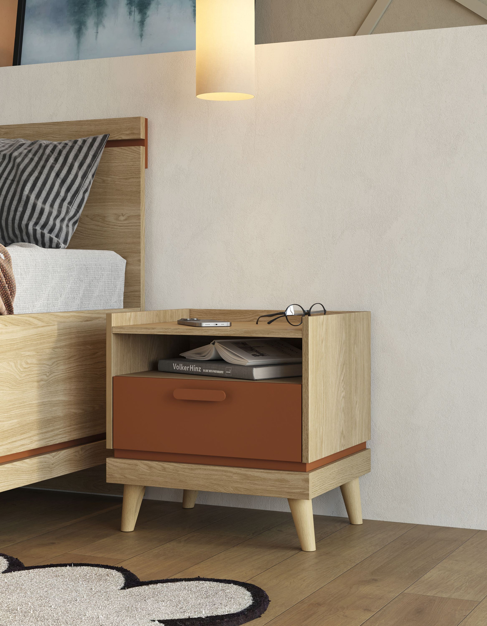 Scandi - 1S naktinis staliukas, alyvuotas ąžuolo plytų imitacijos - Paveikslėlis 6