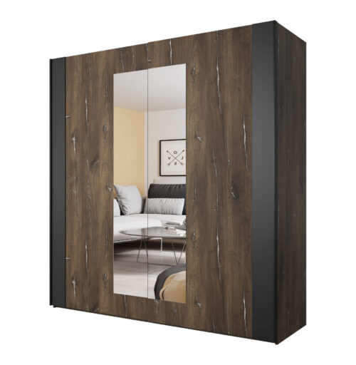 Sigma dviejų durų spinta su veidrodžiais, Flagstaff ąžuolo spalvos / matinės juodos spalvos