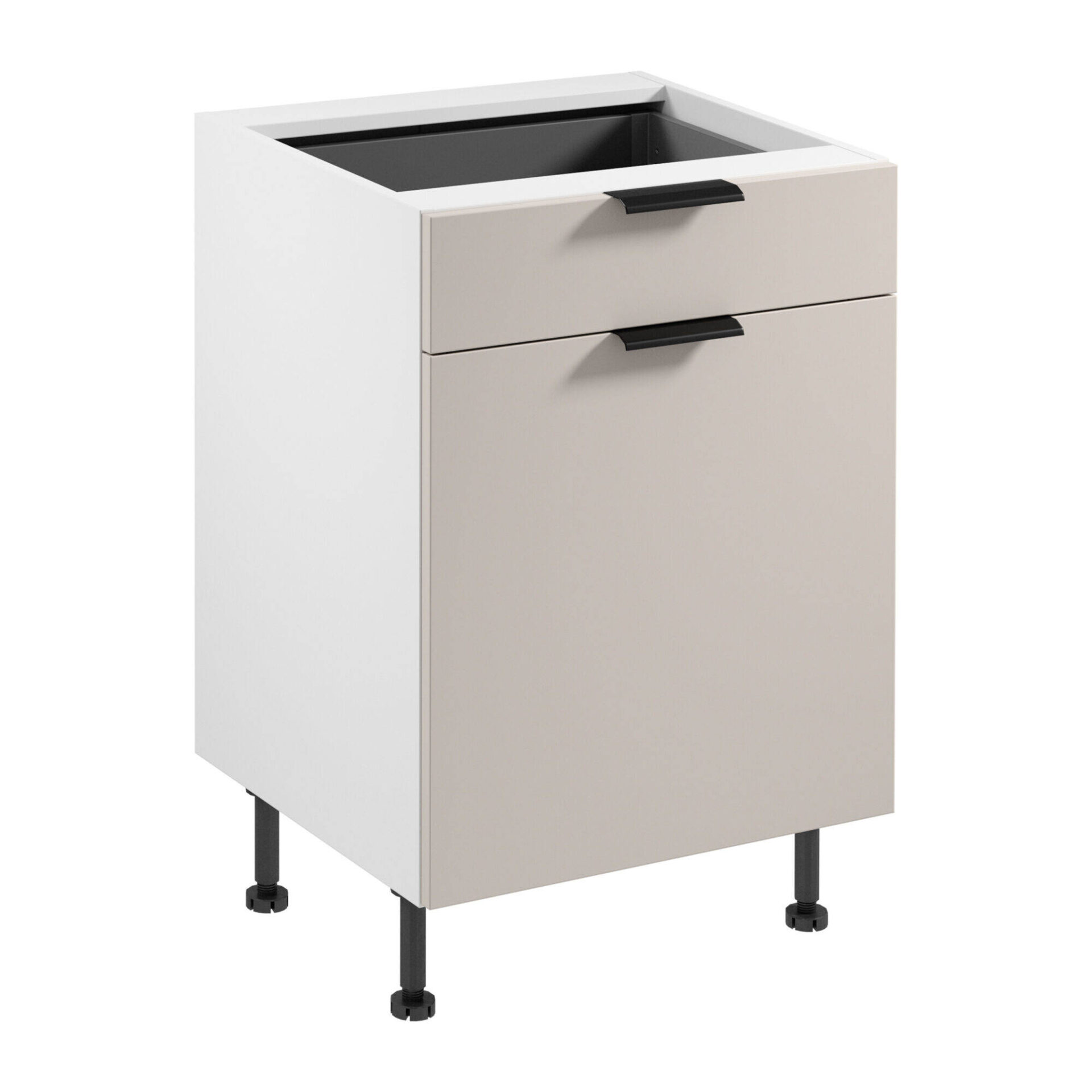 Apatinė virtuvės spintelė 1D1S su stalo įrankių įdėklu Sorento D60S1 P/L AX matinė balta matinė smėlio spalvos