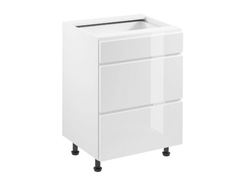 Apatinė virtuvės spintelė, 3 stalčiai, D60S3, drebulės balta, blizgi