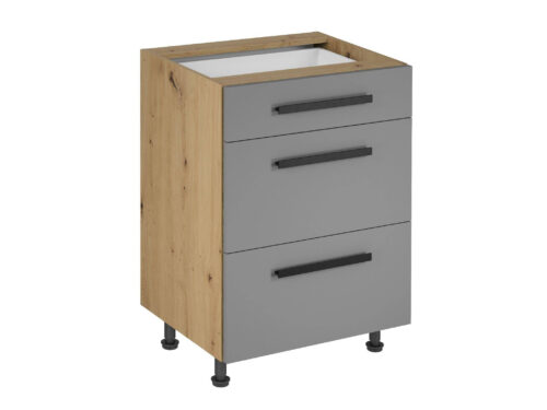 Apatinė virtuvės spintelė su 3 stalčiais, D60S3, klasikinė rankena, Langen, smėlio spalvos