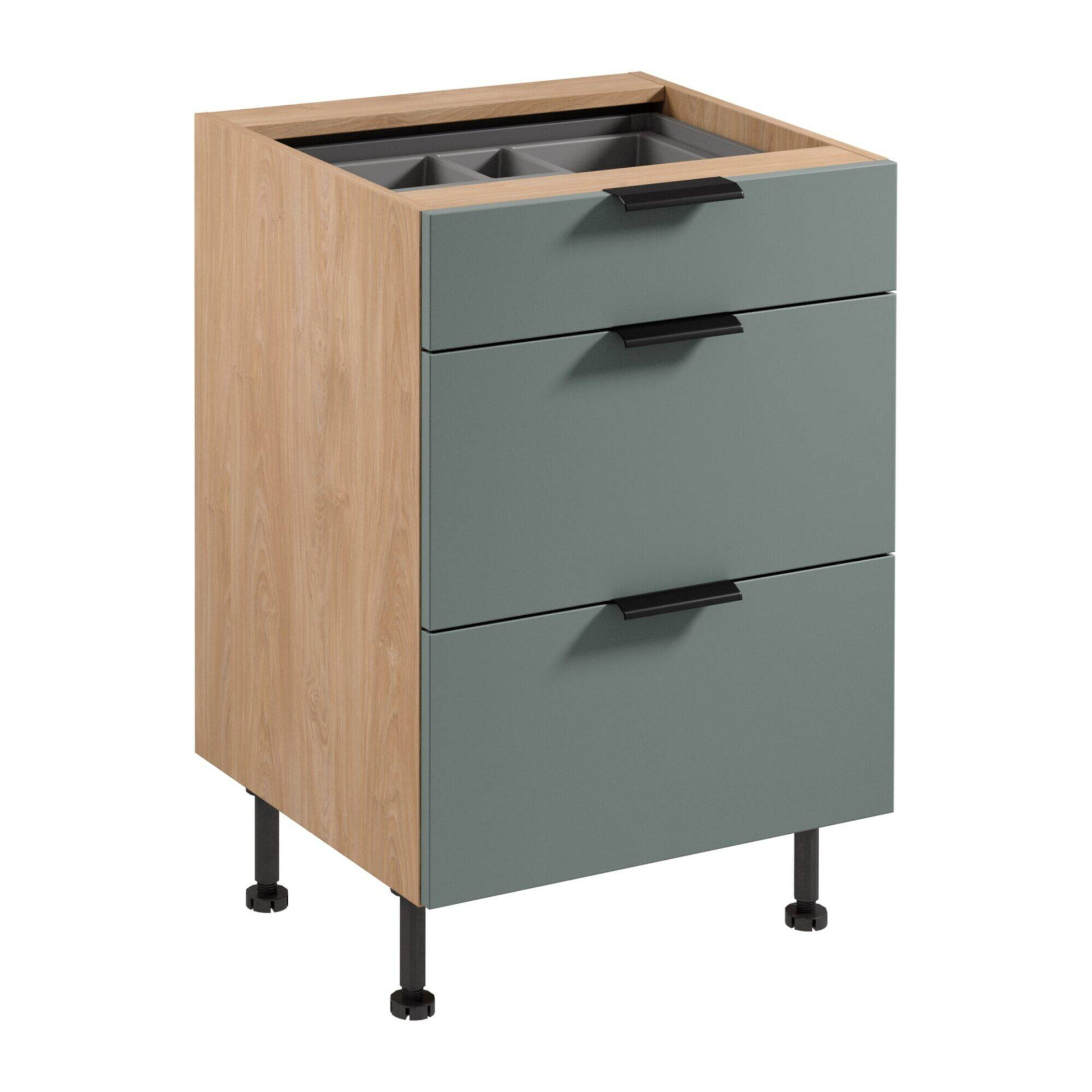 Apatinė virtuvės spintelė 3S Sorento D60S3 AX su stalo įrankių įdėklu, Puccini žalia