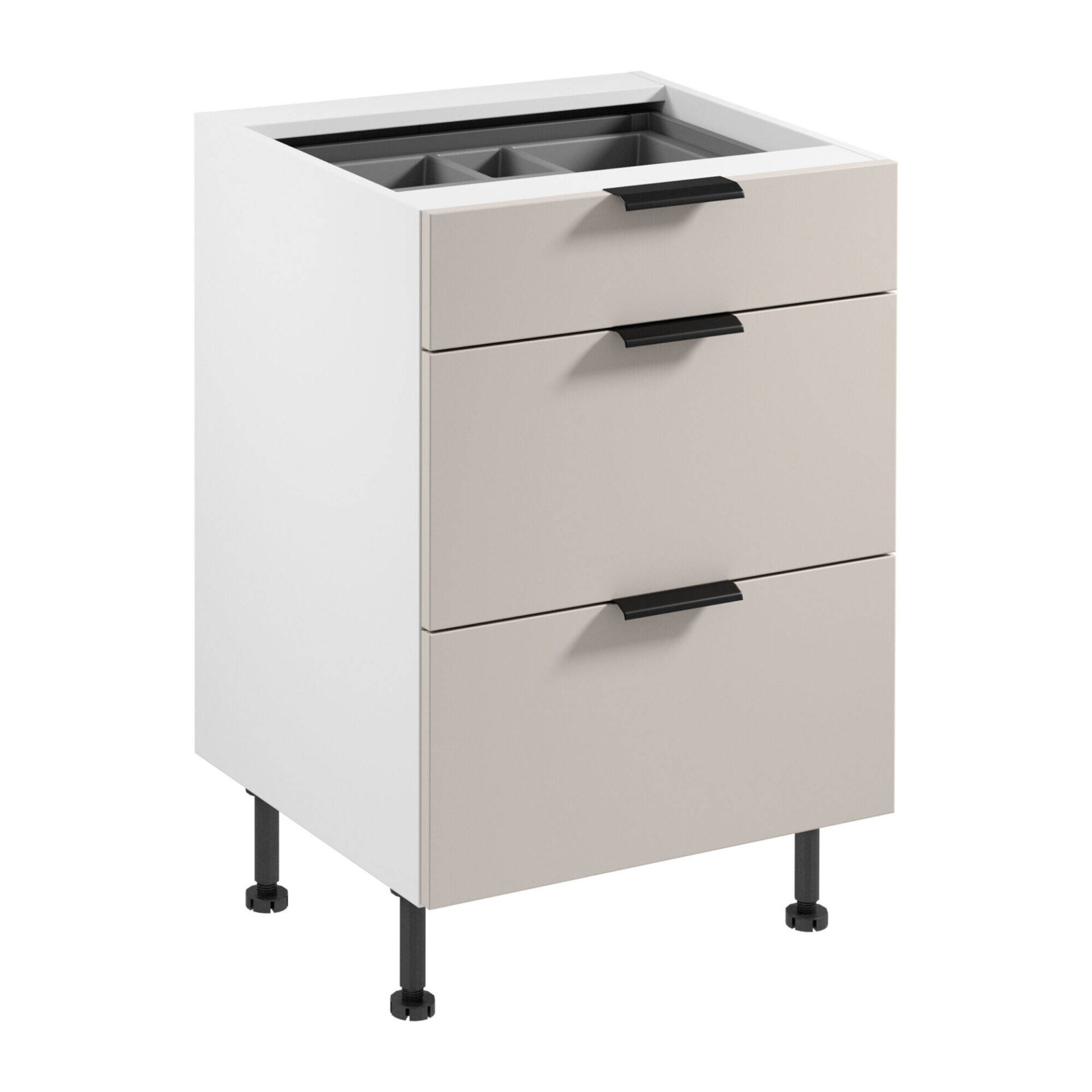 Apatinė virtuvės spintelė 3S su stalo įrankių įdėklu Sorento D60S3 AX matinės baltos matinės smėlio spalvos