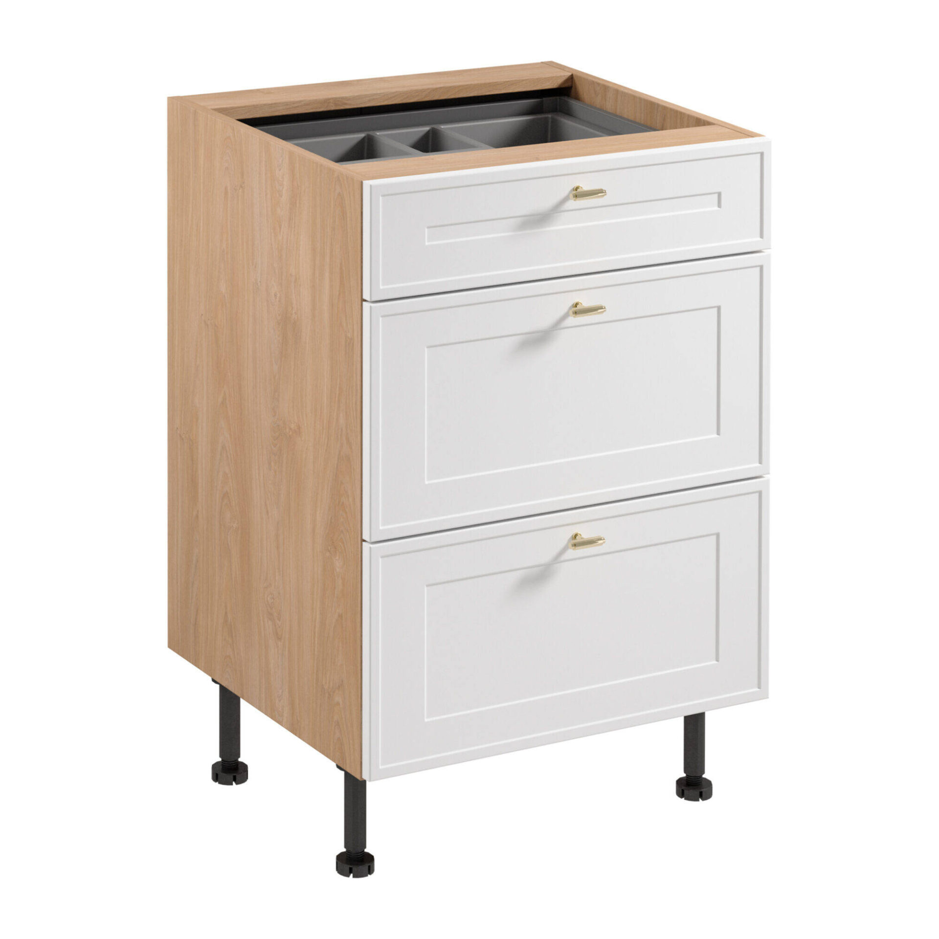 Apatinė virtuvės spintelė 3S su stalo įrankių įdėklu Sorento D60S3 AX Puccini matinės baltos spalvos rėmeliu