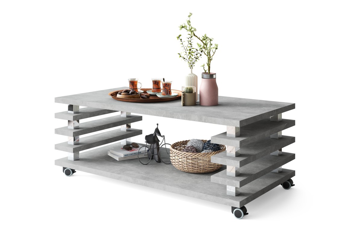 PORTO šviesaus betono ateljė - MODERNUS kavos staliukas su 2 viename grotelių formos rankovėmis ant ratukų/kojų