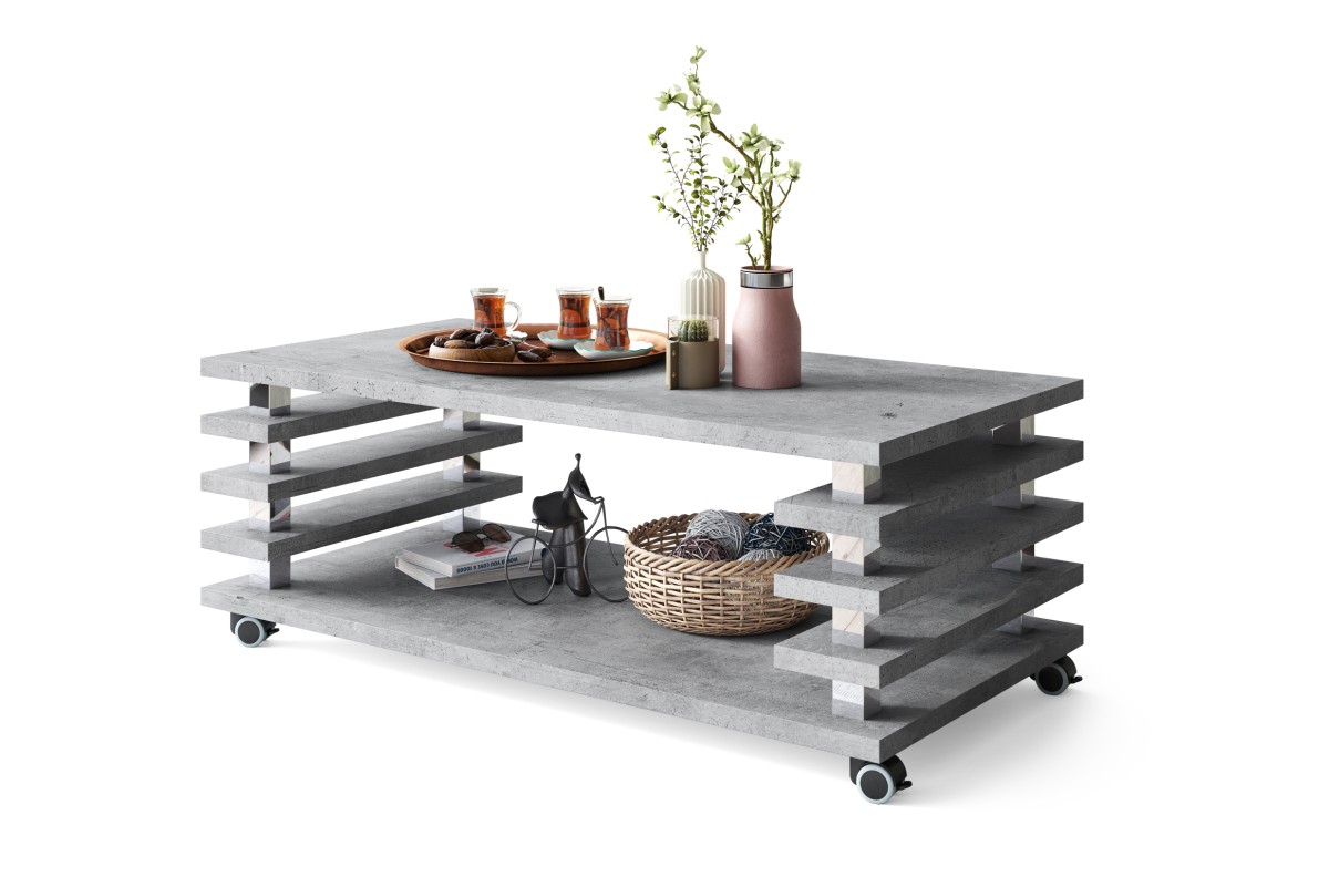 PORTO Millennium Concrete - MODERNUS KAVOS STALIUKAS SU 2 IN 1 LENTELĖMIS ANT RATUKŲ/KOJELIŲ