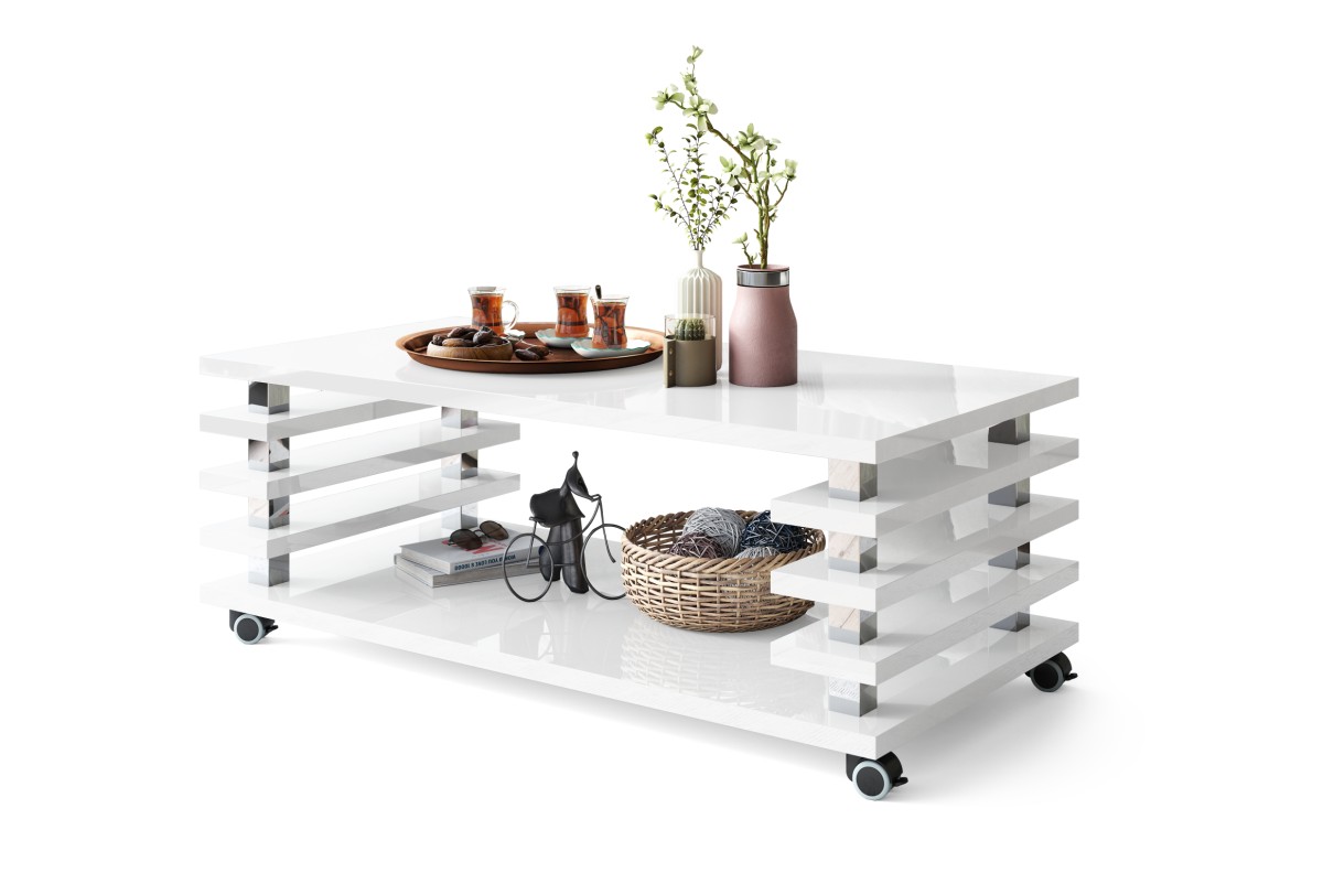 PORTO baltas blizgus - MODERNUS kavos staliukas su 2 viename grotelių rankovėmis ant ratukų/kojų