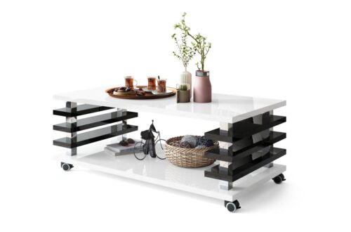 PORTO blizgi balta/blizgi juoda – MODERNUS KAVOS STALIUKAS SU 2 VIENAME LENTELĖMIS ANT RATUKŲ/KOJELIŲ