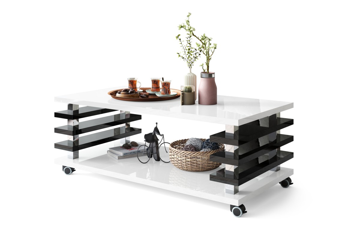 PORTO blizgi balta/blizgi juoda - MODERNUS KAVOS STALIUKAS SU 2 VIENAME LENTELĖMIS ANT RATUKŲ/KOJELIŲ