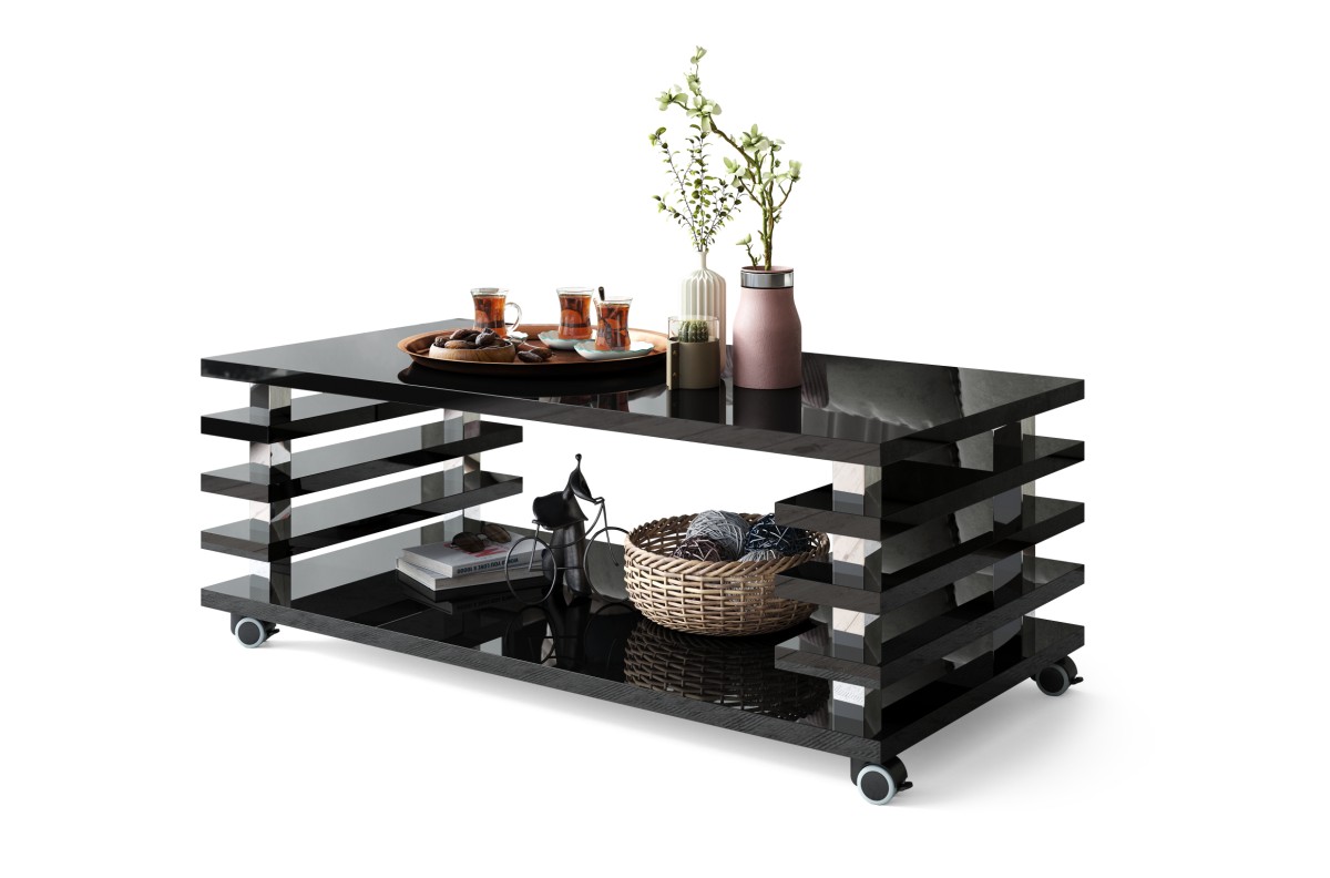 PORTO juodas blizgus - modernus kavos staliukas su 2 viename grotelių rankovėmis ant ratukų/kojų