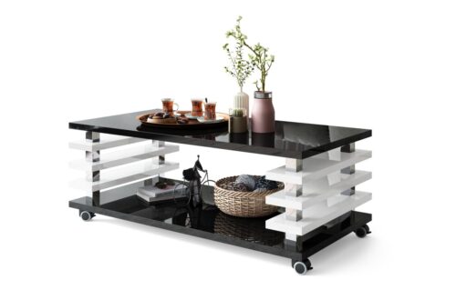 PORTO blizgi juoda/blizgi balta – MODERNUS KAVOS STALIUKAS SU 2 VIENAME LENTELĖMIS ANT RATUKŲ/KOJELIŲ