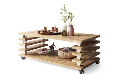 PORTO Wotan Oak – MODERNUS KAVOS STALIUKAS SU 2 IN 1 LENTELĖMIS ANT RATUKŲ/KOJELIŲ