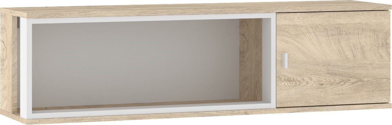 GAVES 15 baldai, prie sienos tvirtinama lentyna, palėpės spintelė, ąžuolo imitacijos grindys, balta