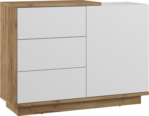 BRITA 04 baldų komoda su durelėmis svetainei, ąžuolo spalvos, auksinė ir balta