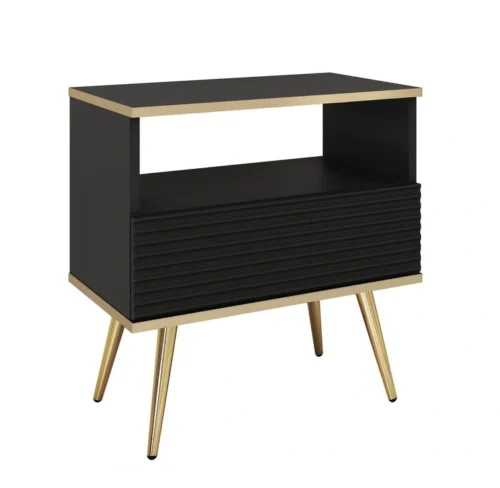 Oro S54 juodas griovelių MDF naktinis staliukas su stalčiumi