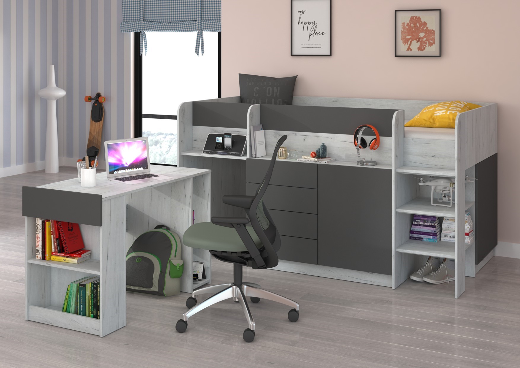 Dviaukštė lova, rašomasis stalas, komoda, antresolė, EMI P craft, baltas grafitas