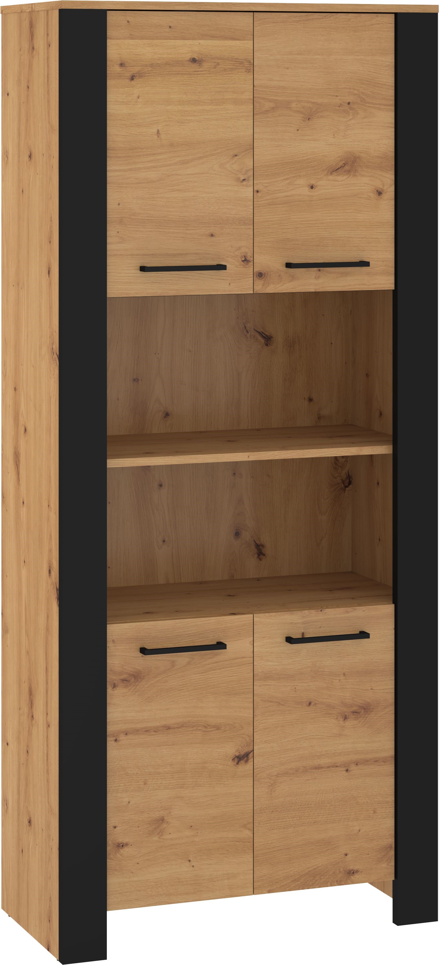 DELIS 09 baldai, aukšta knygų lentyna su durelėmis ir lentynomis, ąžuolas, juoda