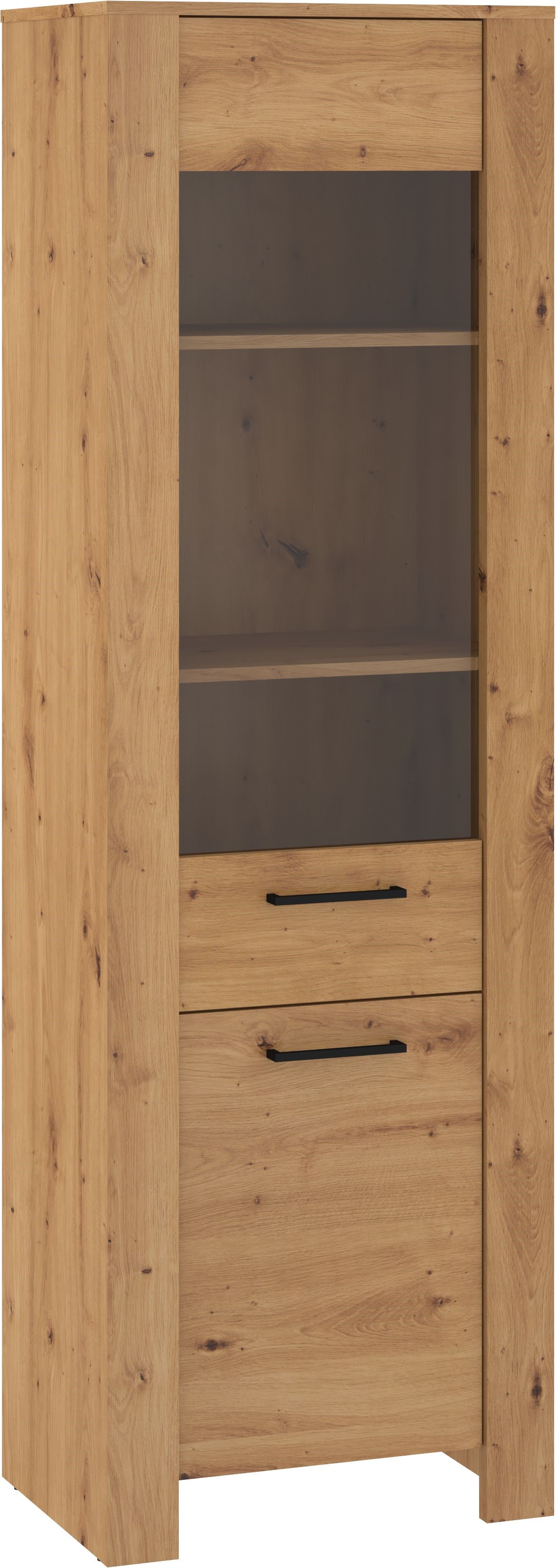 DELIS 15 baldai, aukšta, siaura vitrina svetainei, dirbtinio ąžuolo