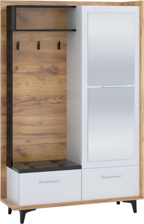 BOX 05 baldų prieškambario spinta su sėdyne, veidrodžiu, balta/juoda