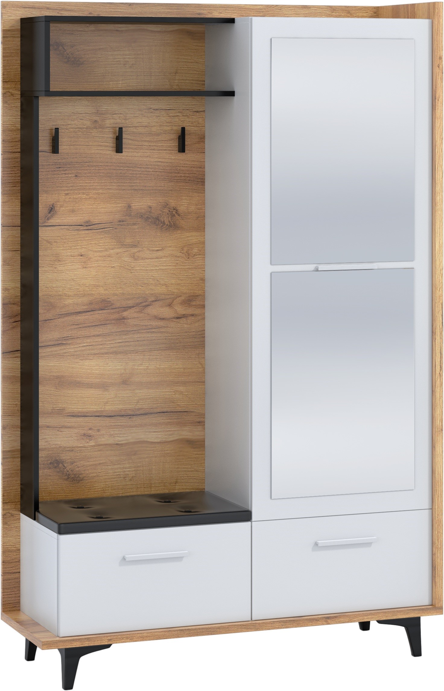 DOX 05 baldų prieškambario spinta su sėdyne, veidrodžiu, balta/juoda