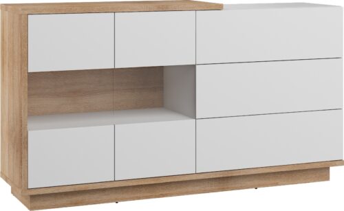 BRITA 10 baldų didelė vitrina komoda, Sonoma ąžuolas, baltas blizgus