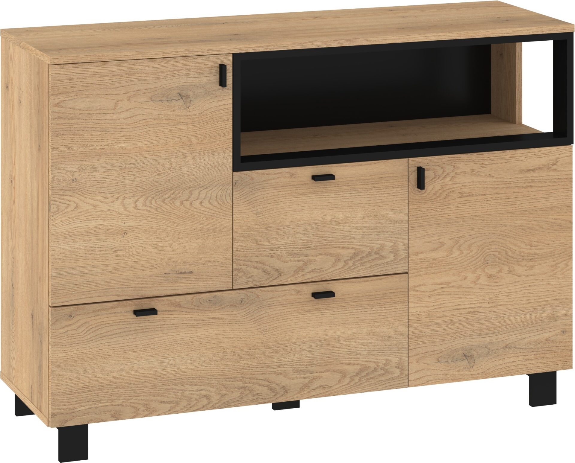 GAVES 02 baldai didelė komoda su durelėmis svetainei, kreminio ąžuolo spalvos, juoda