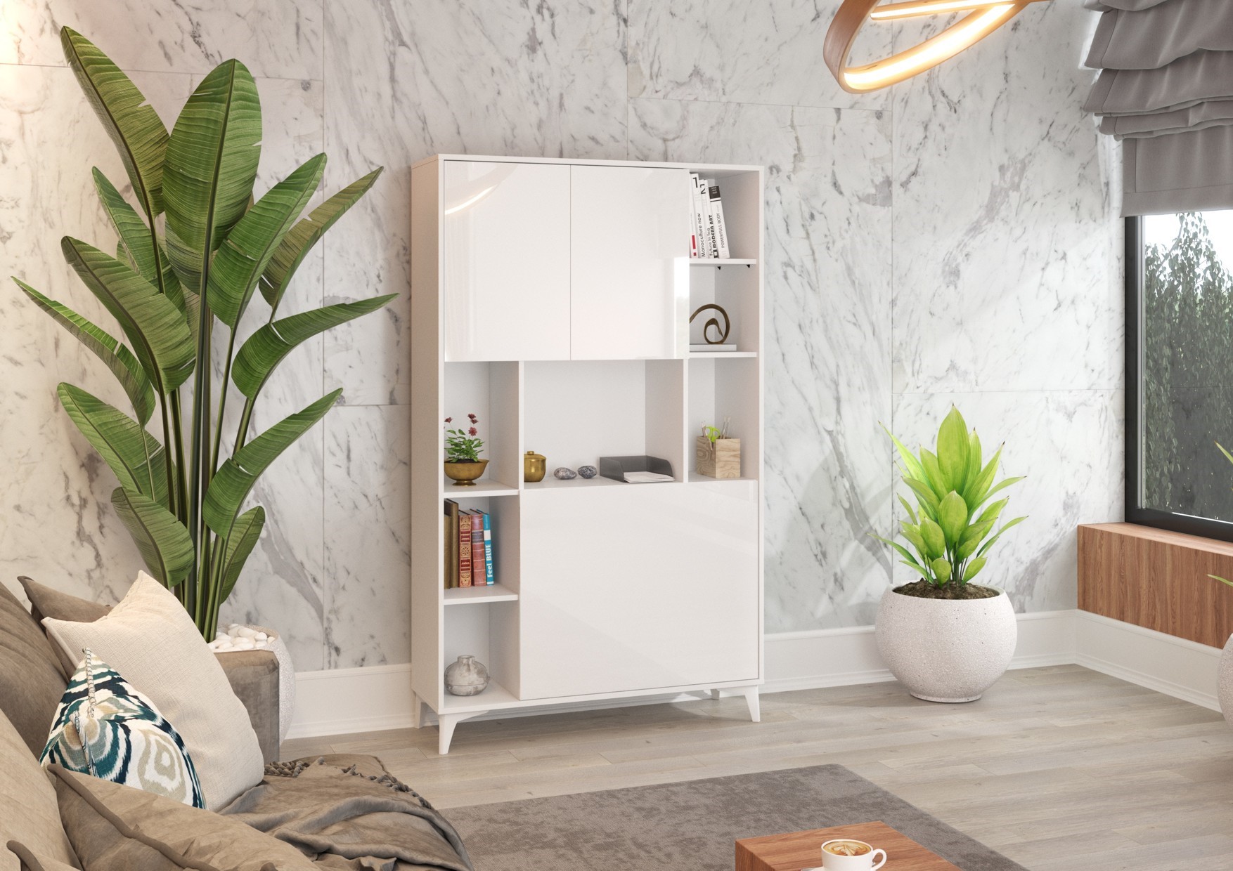 MEGI 2 baldai, lentyna + stalas, balta blizgi