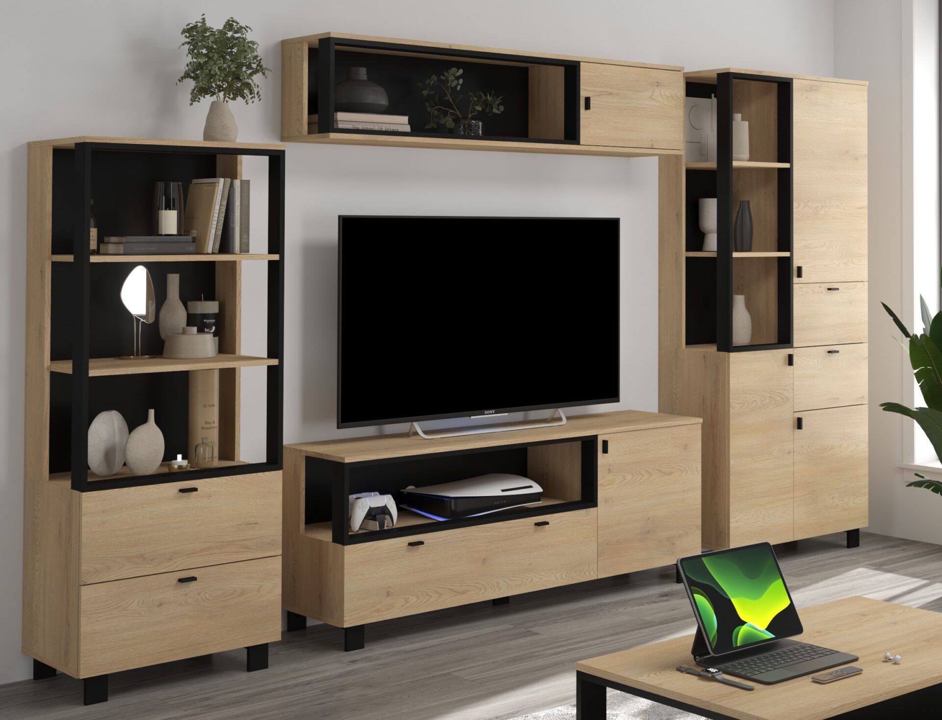 GAVES #11 svetainės baldai, sieninė spintelė, lentyna, TV spintelė, pakabinama lentyna, ąžuolas