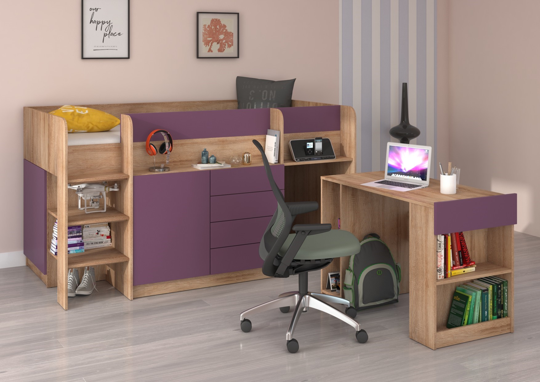 EMI L dviaukštė lova, rašomasis stalas, komoda, antresolė, Sonoma ąžuolas, violetinė
