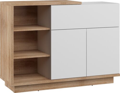 BRITA 06 baldai, komoda su lentynomis ir durelėmis, Sonoma ąžuolas, balta blizgi spalva