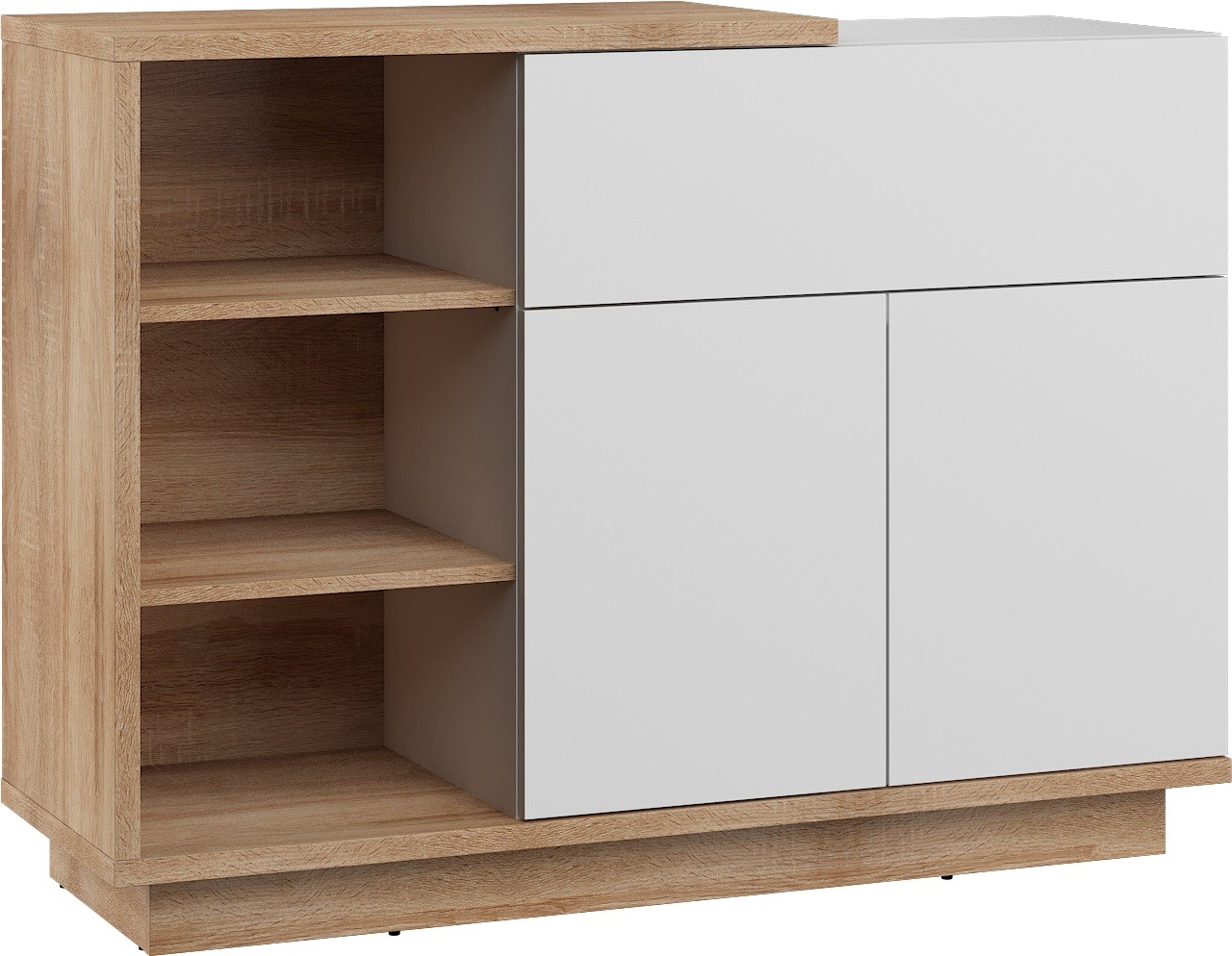 BRITA 06 baldai, komoda su lentynomis ir durelėmis, Sonoma ąžuolas, balta blizgi spalva